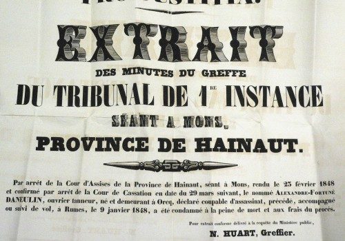 Affiche reprenant la sentence (Archives de l'Etat à Mons)