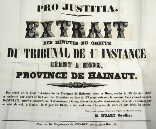 Affiche reprenant la sentence (Archives de l'Etat à Mons)