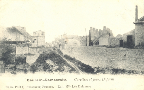 GAURAIN-RAMECROIX - Carrières et fours Dapsens - Phot. H. Rasseneur, Frasnes, édit. Léa Delaunoy - Oblitération 19 8 1908 - Coordonnées GPS • Nord : 50 35 45 • Est : 3 28 42
