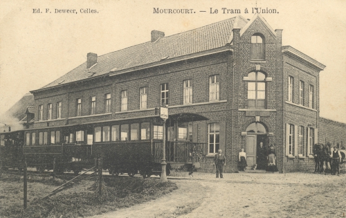 MOURCOURT - le tram à l'Union - éd. F. Deweer, Celles - oblitération 18 8 1910 - Coordonnées GPS • Nord : 50 39 14 • Est : 3 26 58