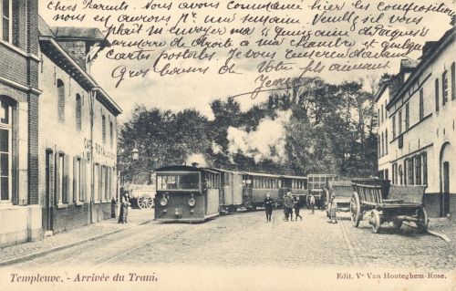 TEMPLEUVE - arrivée du tram - édit Vve Van Houteghem-Rose - oblitéraion 11 4 1908 - Coordonnées GPS • Nord : 50 38 41 • Est : 3 16 57